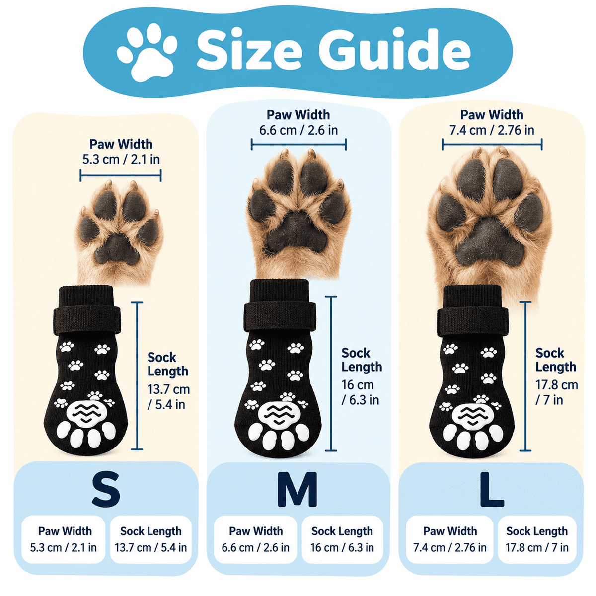 PawGrip dog socks size guide S M L
